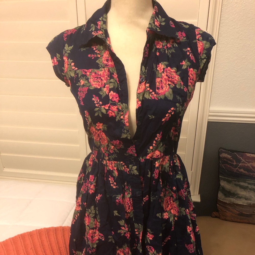 Girls Navy Floral Button-Down Dress Size 14